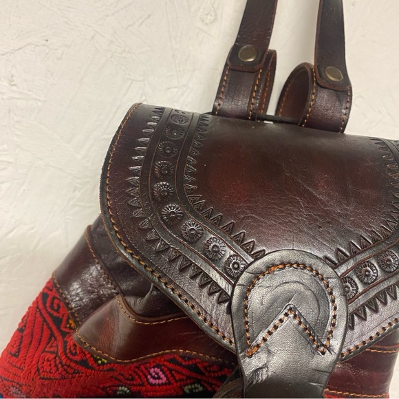 Art Leather Chiapas Backpack Mexican Woven Fabric Embroidered Bag Brown NWT - Picture 7 of 13